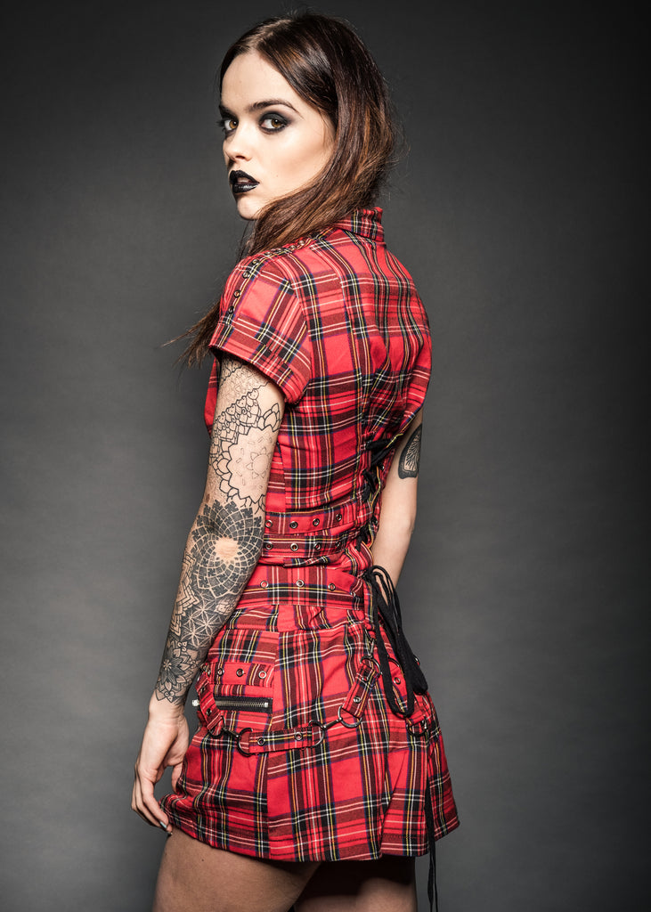 Plaid Punk Mini Dress with Buckles & Lacing, Pretty Attitude
