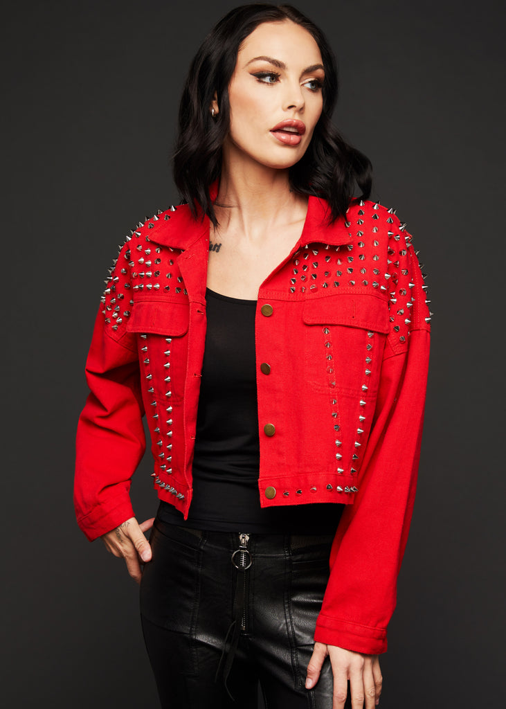 Shop Cropped Red Distressed Denim Jacket with Studs