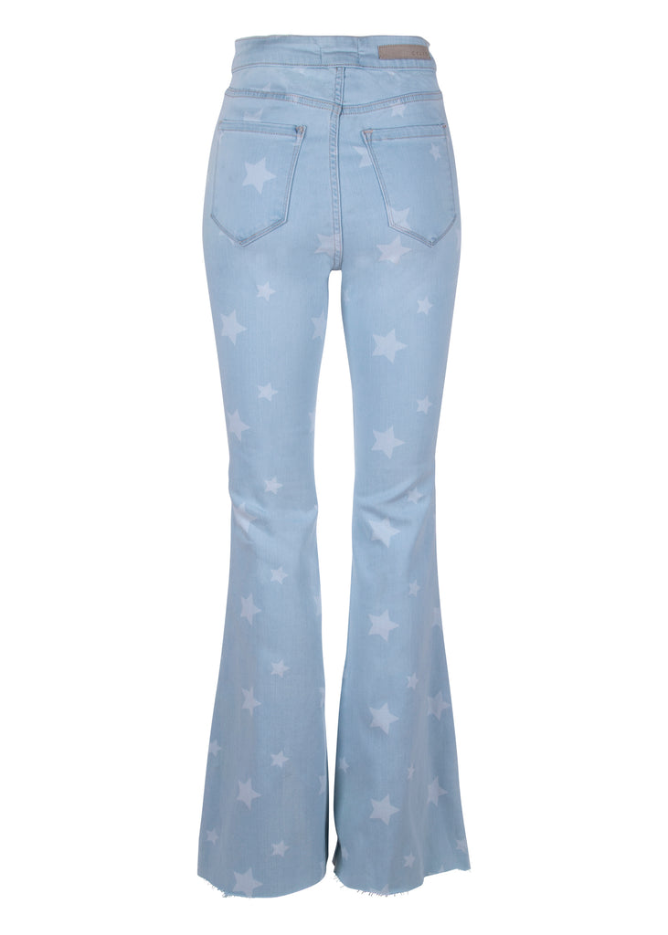 Shop Light Blue Denim High Rise Star Print Flared Jeans Bell Bottoms